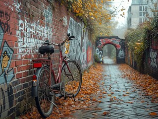 Graffiti-Covered Bike Leaning Against a Brick Wall