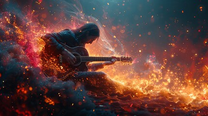 Man Playing Guitar in Front of Fire - obrazy, fototapety, plakaty