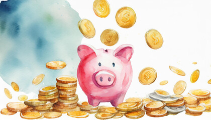 Coins flying and floating to piggy bank, copyspace on a side, watercolor art style - obrazy, fototapety, plakaty