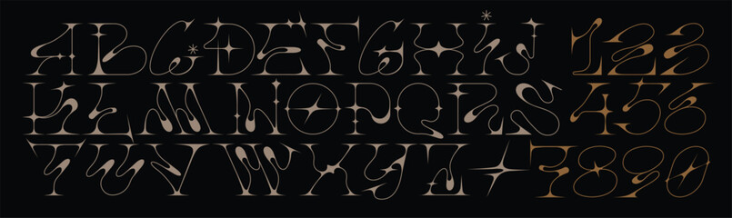 Y2k liquid font. Gothic  alphabet  with star shapes. Acid form . Trendy number and letter design. Sparkle figures. Neotribal emo style lettering. Fine line and sharp edges, inspired by metal music - obrazy, fototapety, plakaty