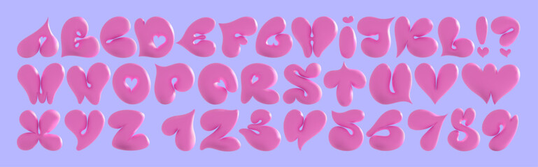Volumetric 3D balloon Alphabet of hearts for Valentine's Day. Pink bright feminine font in Korean style Y2k. Bold and defiant playful forms. Love letter.