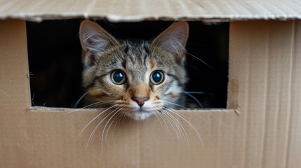 A sad cat that was abandoned and lives on the street in a cardboard box, waiting to be adopted.Generated AI