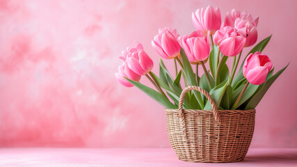 Basket with pink tulips on a background of pink wall. Copy space for text.