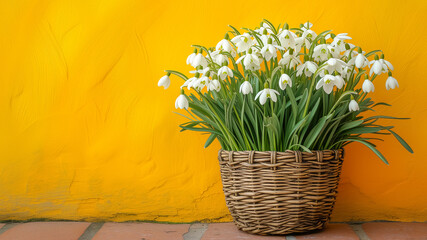 Basket of white snowdrops on background of yellow wall. Copy space for text.