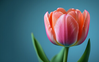 Soft Pink Tulip with Lush Green Leaves, Blue Hue