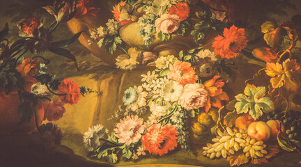 Old baroque flowers painting - vintage style aged decoration. - obrazy, fototapety, plakaty