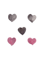 Set of watercolor hearts in ruby and black colors