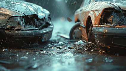 crash between two cars that have smashed their windshields - obrazy, fototapety, plakaty