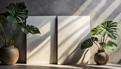 the mockup overlay weaves in shadows from an exotic plant, as natural light two vertical sheets of textured white paper resting on a soft gray table background. with leaves