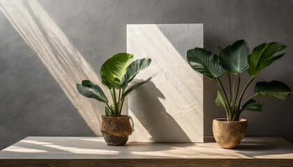 the mockup overlay weaves in shadows from an exotic plant, as natural light two vertical sheets of textured white paper resting on a soft gray table background. with leaves