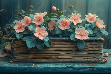 Close Up of Book With Blooming Flowers