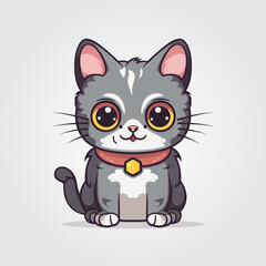 Cute kitty of kawaii style with big eyes and jolly smiling vector illustration in white background