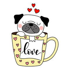 Adorable perrito dentro de taza de café con corazones