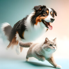 Dogs and cats in action in pastel colors with a solid background and fog effect