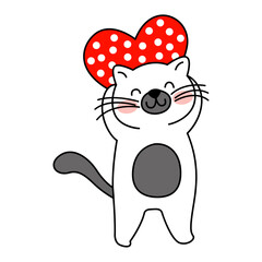 Adorable gatito blanco sosteniendo un corazón rojo