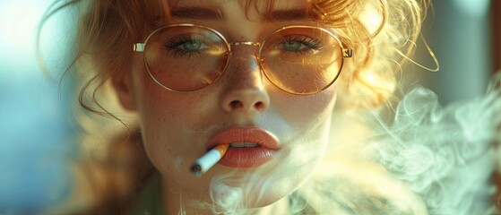 Woman With Glasses and Cigarette in Mouth