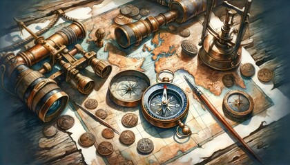 Watercolor painting of a vintage compass on an ancient map with old exploration tools, evoking timeless adventure.
