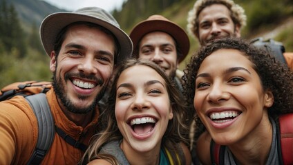 Energetic outdoor group selfie with diverse friends wearing hats and backpacks, in a mountainous terrain, sharing a happy moment.