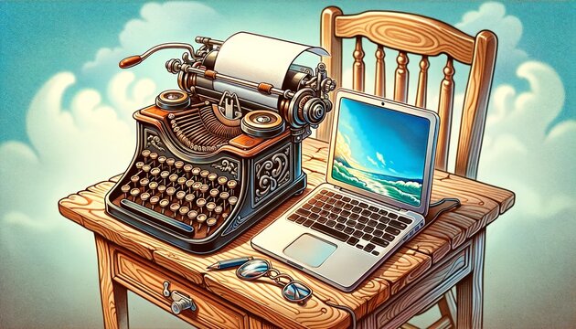 Cartoon antique typewriter and modern laptop on a desk, vibrant depiction of writing technology evolution.
