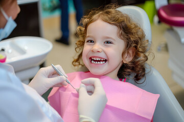 A child sitting in a dental chair with a dentist examining their teeth