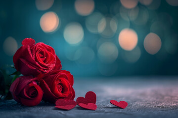Red roses with water droplets and small heart-shaped cutouts on a moody bokeh-lit background