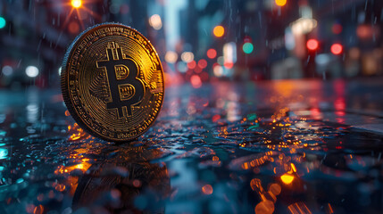Golden Bitcoin on Wet City Street - Cryptocurrency, Blockchain, Digital Currency