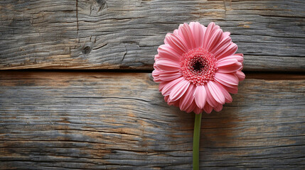 A pink gerbera daisy against an aged wooden background