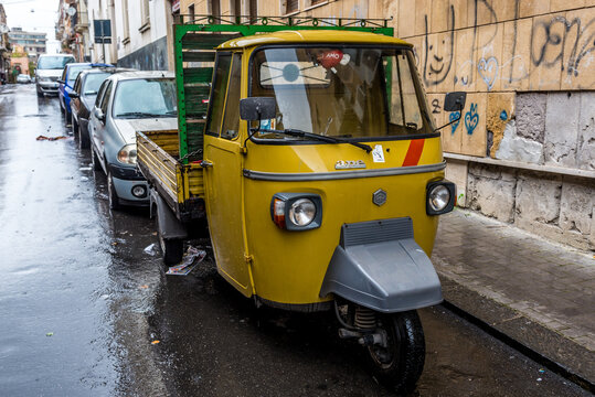 Catania, Italy - December 17, 2016: Piaggio Ape vehicle in historic part of Catania city, SIcily Island
