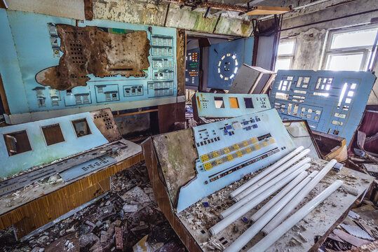 Chernobyl, Ukraine - September 19, 2016: Control room of former Soviet Duga radar system in Chernobyl Zone
