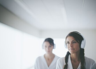 Fototapeta premium White Abstract Friendship: Two female friends in the minimalist interior