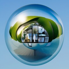Glass Ball With Reflection of a House. Generative AI.