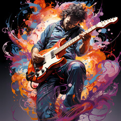 Obraz premium Guitarist playing with guitar, artist male musician performance, colorful splash paint illustration on white background