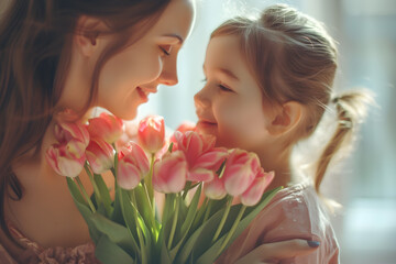Young child giving flowers to her mom on mother's day as a present, family love.