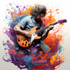 Obraz premium Guitarist playing with guitar, artist male musician performance, colorful splash paint illustration on white background