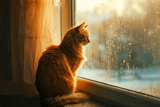 red cat sitting on a windowsill and looking outside on a thunderstorm.