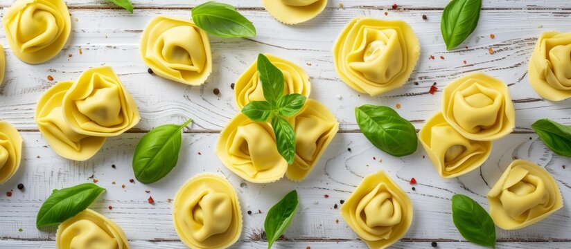 Focus on homemade tortellini and basil leaves over a white wooden background.