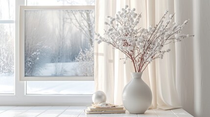 delicate vase adorns a tall white window, resting on a white wooden table. A framed picture of a snowy landscape serves as the background