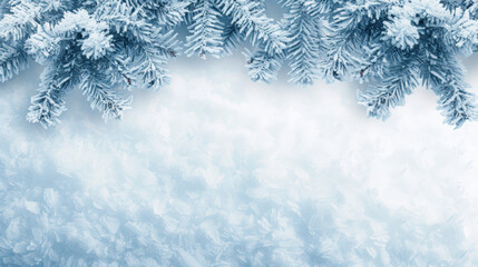 Snow-covered fir branches with ice crystals against a blue background.