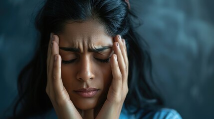 Depressed frustrated young Indian woman suffering from headache, migraine, touching face, head with closed eyes, feeling stressed, sick, tired, thinking over bad news, problems, crisis