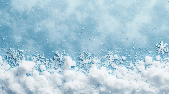 Frosty snowflakes and ice crystals on a blue background.