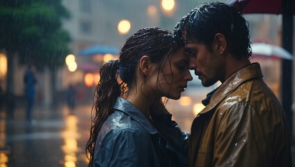 A mesmerizing, highly realistic and highly detailed masterpiece, a realistic depiction of a stunning yet heartbreaking cinematic scene unfolding in the pouring rain. Two lovers, their feelings reveale