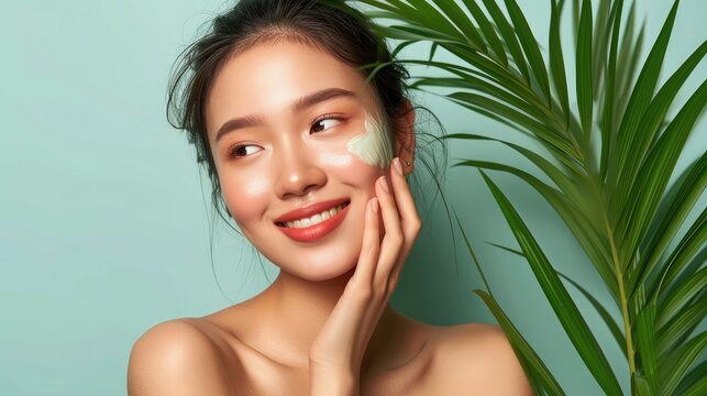 skincare and cosmetics concept with copy space for text. Woman with beautiful face touching healthy facial skin portrait. Beautiful happy Asian girl model with natural
