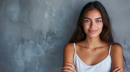 Obraz premium Portrait of a young latin woman with pleasant smile and crossed arms isolated on grey wall with copy space. Beautiful girl with folded arms looking at camera against grey wall. Cheerful hispanic woman