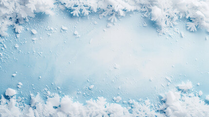 Frosty snowflakes and ice crystals on a blue background.