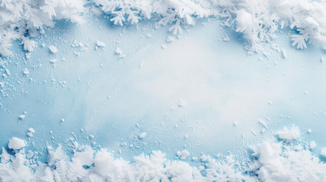 Frosty snowflakes and ice crystals on a blue background.