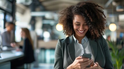 Smiling businesswoman using her phone in the office. Small business entrepreneur looking at her mobile phone and smiling while communicating with her office colleagues