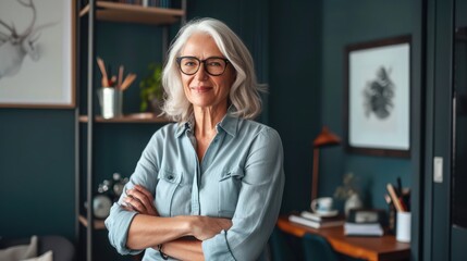 Smiling confident stylish mature middle aged woman standing at home office. Old senior businesswoman, lady executive business leader manager looking at camera arms crossed, portrait. - obrazy, fototapety, plakaty