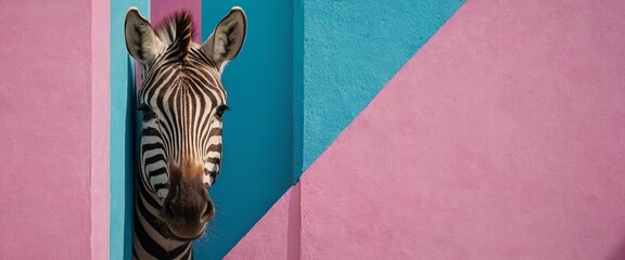 Obraz premium A zebra against a pink and blue wall. Close-up portrait. bright and contrasting colours. Banner, posters and postcards with space for text