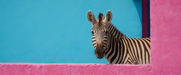 A zebra against a pink and blue wall. Close-up portrait. bright and contrasting colours. Banner, posters and postcards with space for text