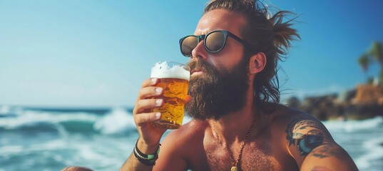 Man enjoying beer on stunning paradise beach on hot summer day, with space for text